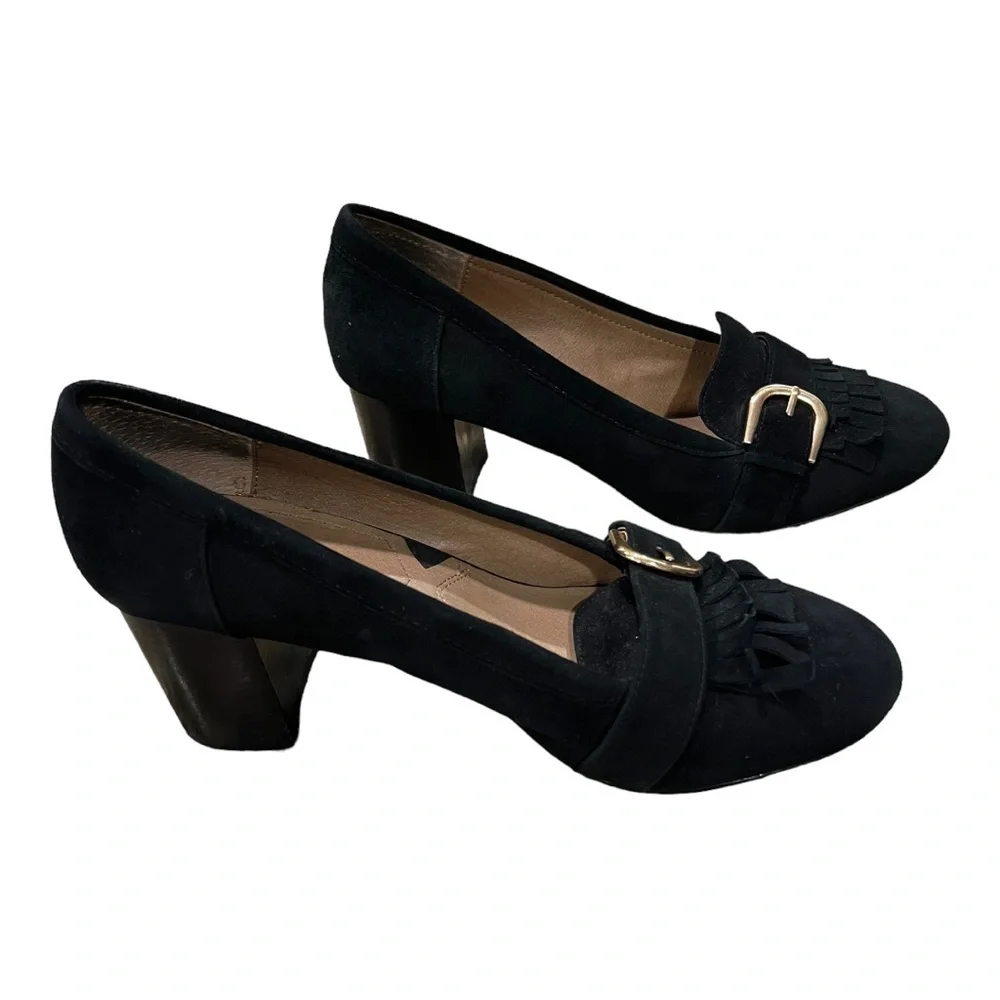 Adrienne Vittadini Black Suede Ginty Pumps Size 10 Block Heel Loafer Buckle